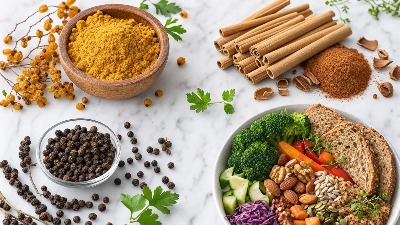 Berberine, Ceylon cinnamon, chromium-rich whole foods, and black peppercorns